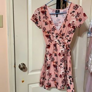 V neck plush pink floral dress